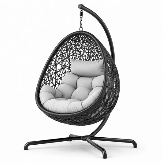 Sedia Sospesa in Metallo e Rattan Sintetico Nero con Cuscino Grigio