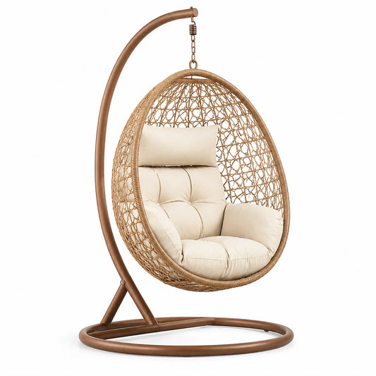 Sedia a dondolo sospesa in rattan con supporto in acciaio e cuscino beige