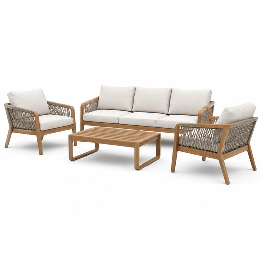Set salotto giardino in legno e corda intrecciata con cuscini crema