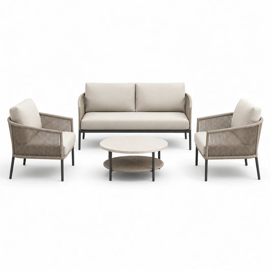 Set da salotto in metallo e tessuto beige con divano e poltrone