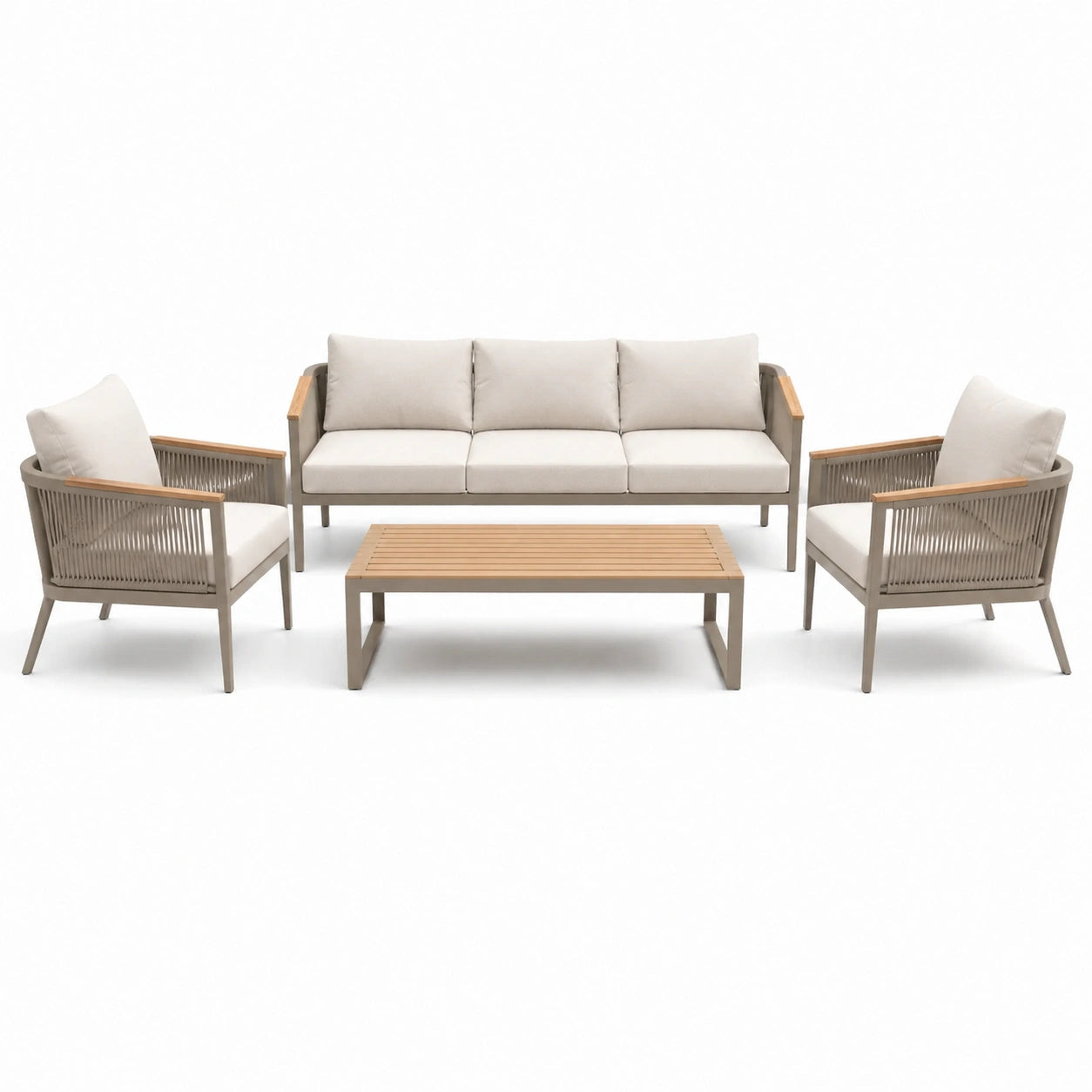 Set da salotto da giardino in metallo, legno e tessuto beige