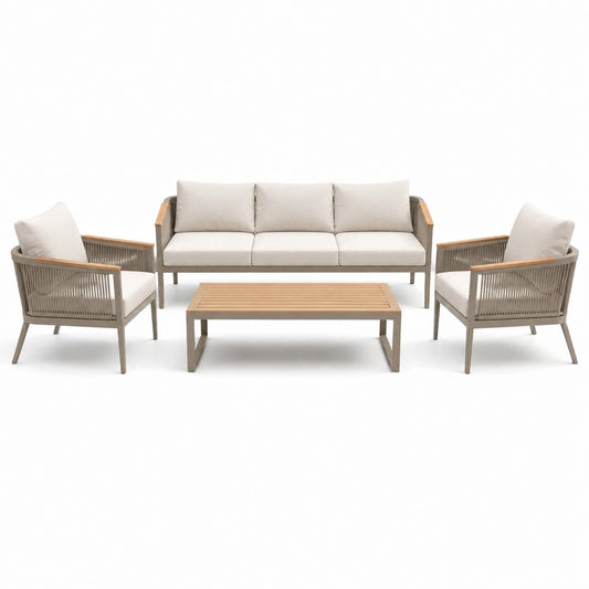 Set da salotto da giardino in metallo, legno e tessuto beige