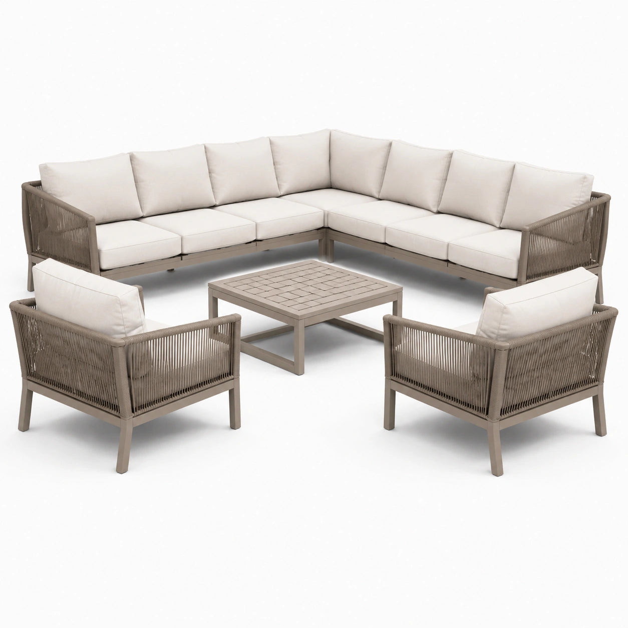 Set salotto angolare da esterno in alluminio e rattan con cuscini in tessuto poliestere crema