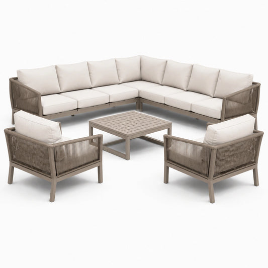 Set salotto angolare da esterno in alluminio e rattan con cuscini in tessuto poliestere crema
