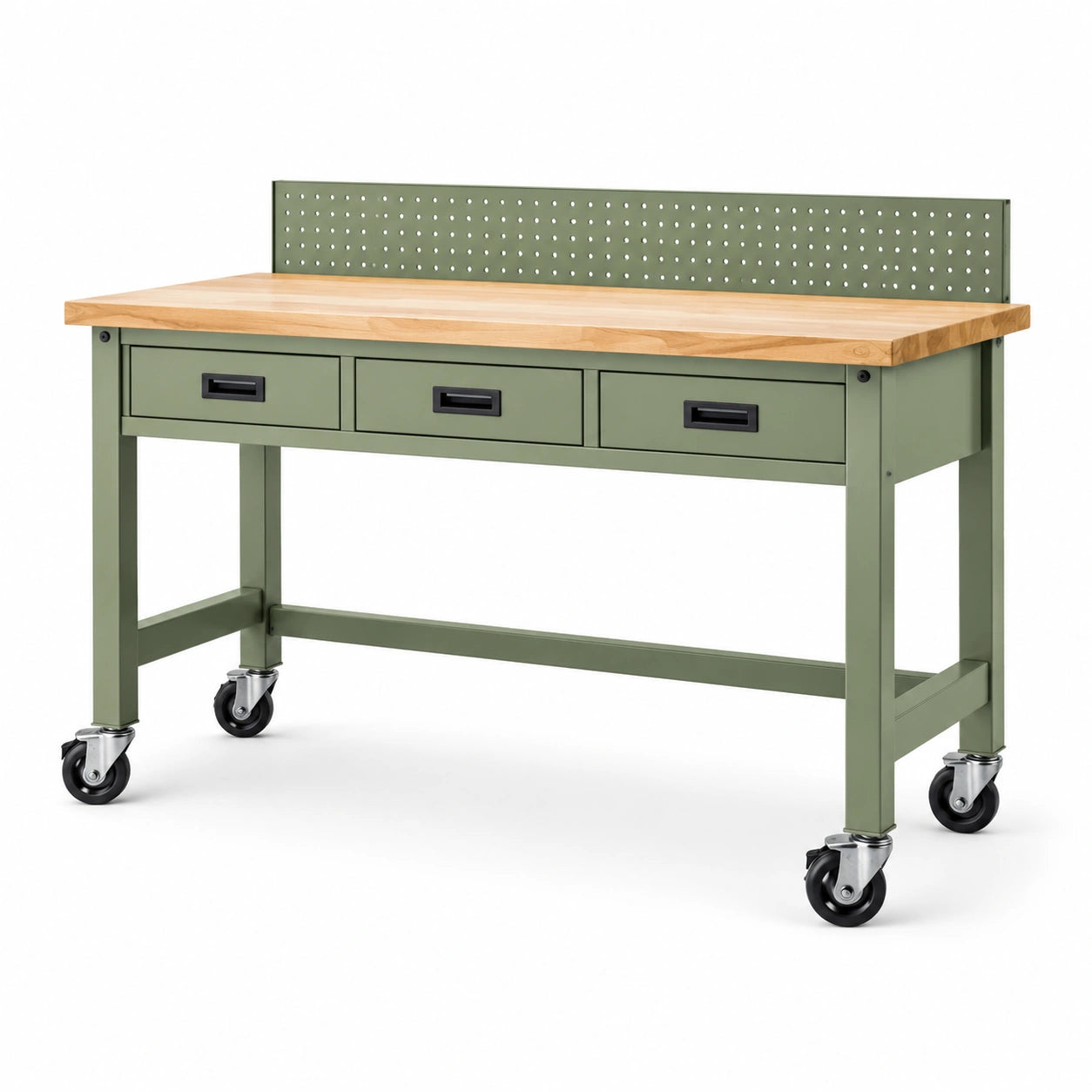 Banco da lavoro in legno e metallo con cassetti e ruote 120x60x85 cm verde