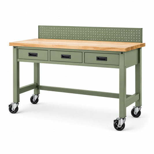 Banco da lavoro in legno e metallo con cassetti e ruote 120x60x85 cm verde