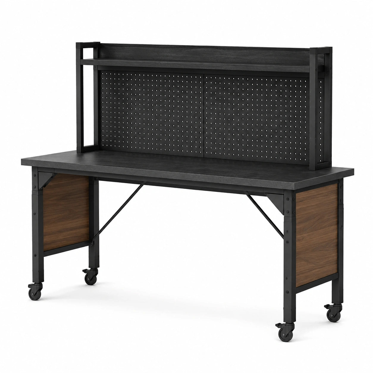 Banco da lavoro in metallo e legno con ruote 150x60x120 cm nero