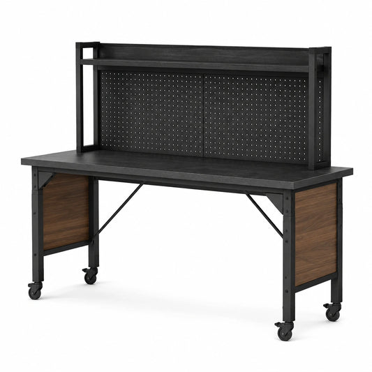 Banco da lavoro in metallo e legno con ruote 150x60x120 cm nero