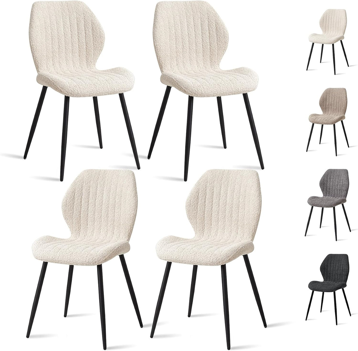 Sedia JZGORC, 4 sedie, 43 × 47,5 × 86 cm, metallo, lino, Beige, imbottita, per sala da pranzo e cucina