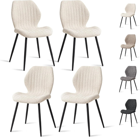 Sedia JZGORC, 4 sedie, 43 × 47,5 × 86 cm, metallo, lino, Beige, imbottita, per sala da pranzo e cucina