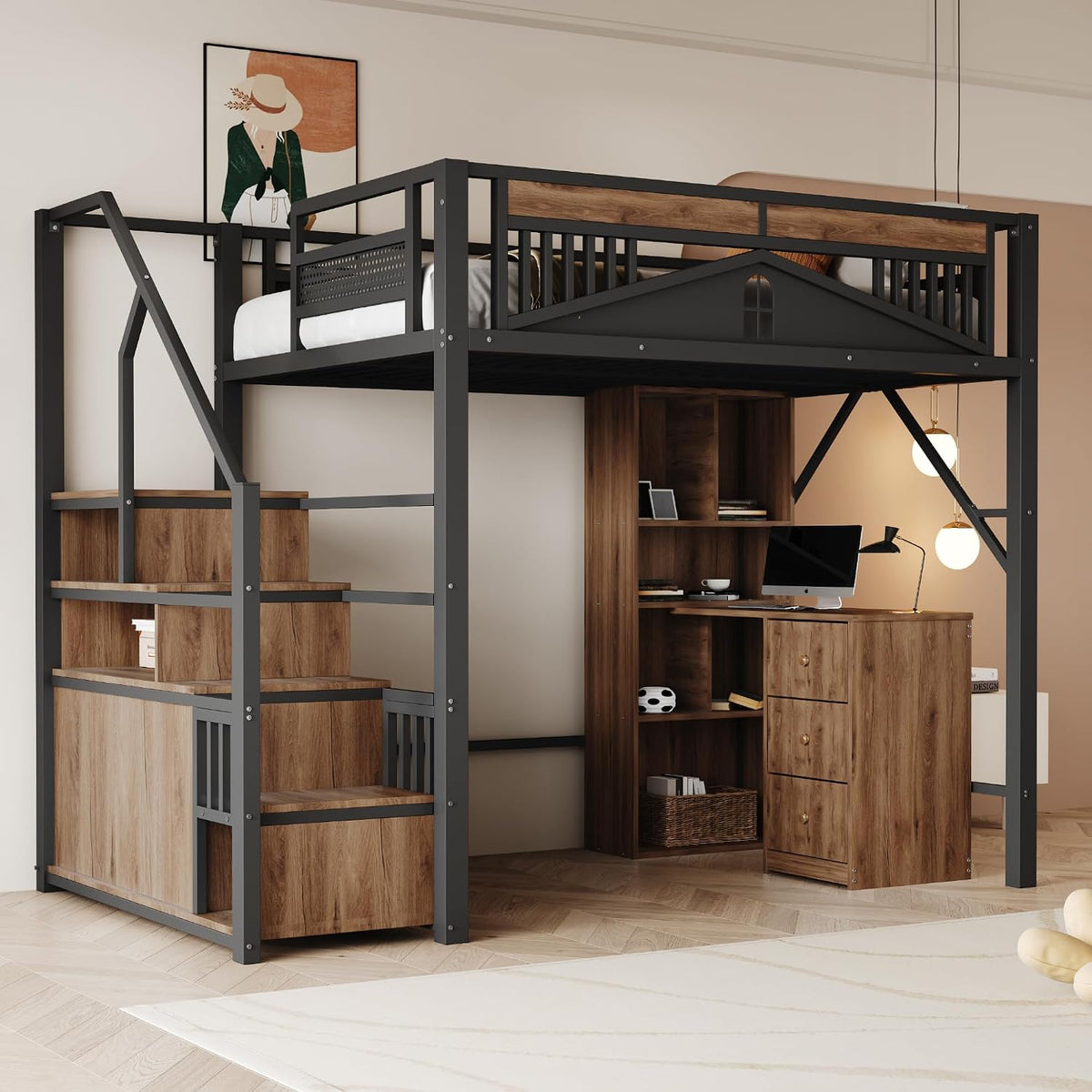 Letto Zepneiy, 140 × 200 cm, metallo, Nero, per camera da letto, con scala di stoccaggio intercambiabile