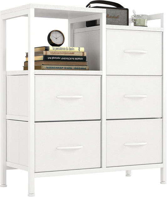 Cassettiera Flrrtenv, 5 cassetti, legno, tessuto, Bianco, regolabile, per soggiorno e camera da letto