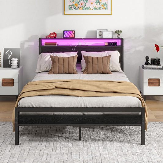 Struttura letto BORPHOM, matrimoniale, 206,5 × 136,5 × 96,5 cm, legno, acciaio, con illuminazione LED, con porta USB, per camera da letto