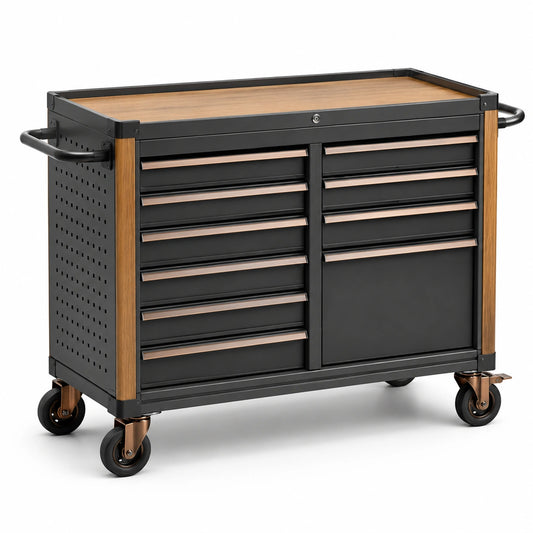 Carrello portautensili in metallo nero con piano in legno e 12 cassetti