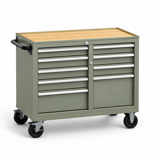 Carrello portautensili in metallo con cassetti e piano in bambù, verde