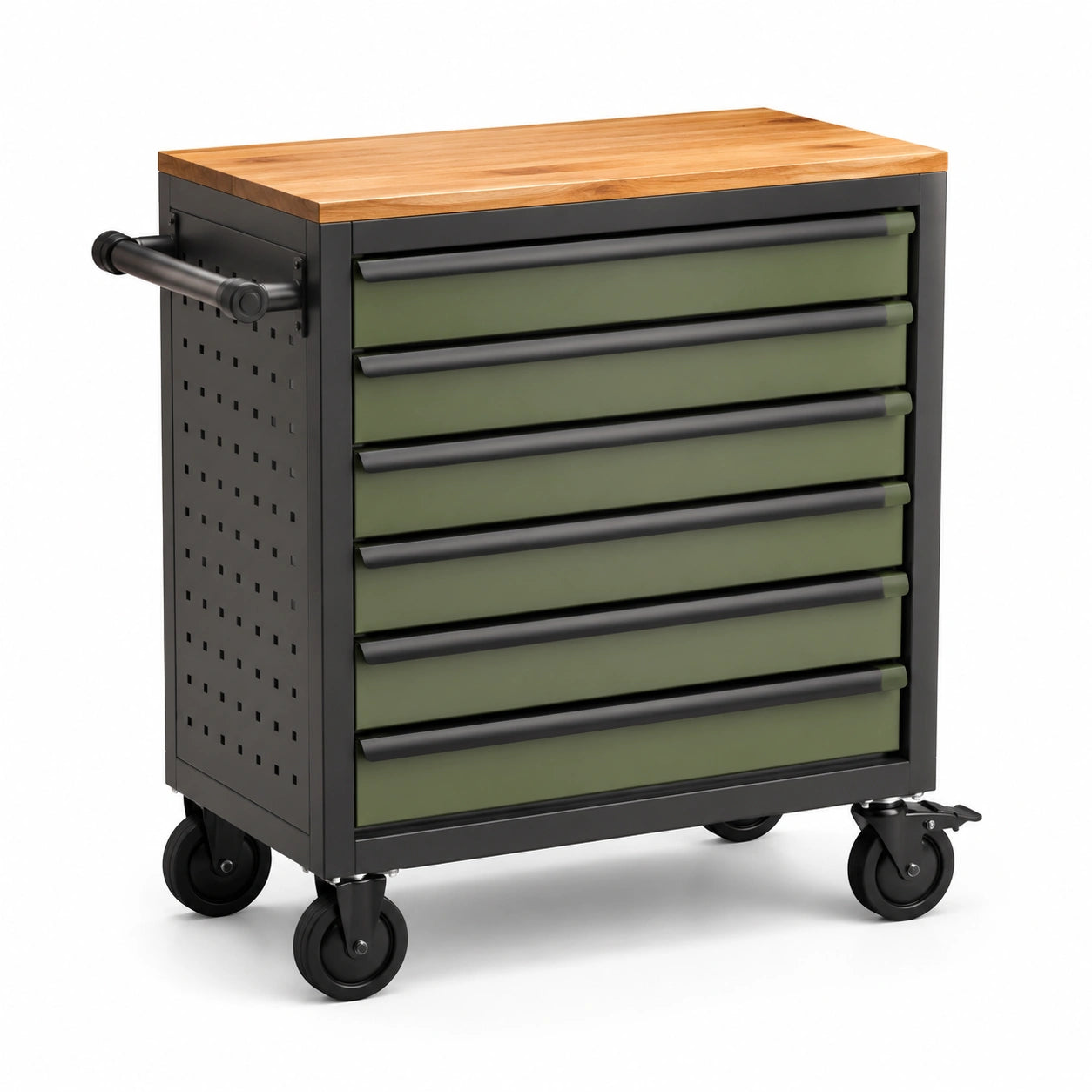 Carrello portautensili in metallo con piano in legno e 6 cassetti verde e nero