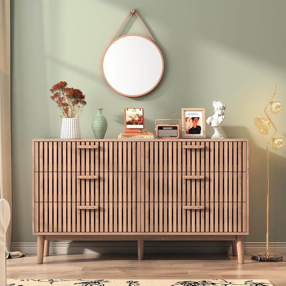 Cassettiera JYNVO, 6 cassetti, 100 × 34 × 73cm, legno, Marrone, per soggiorno e sala da pranzo