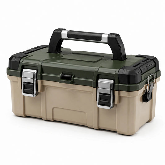 Cassetta degli attrezzi in plastica verde/beige con chiusure in metallo