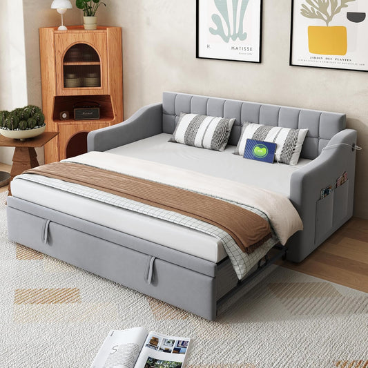 Letto Dolamaní, 2 in 1, 180 × 190 cm, velluto, tessuto, Grigio, allungabile, con braccioli, con rete a doghe, con porta USB, imbottito