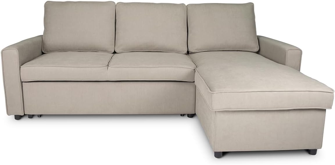 Divano letto SAMIRA, 198 × 132 cm, velluto, tessuto, Tortora, trasformabile, con contenitore, per soggiorno
