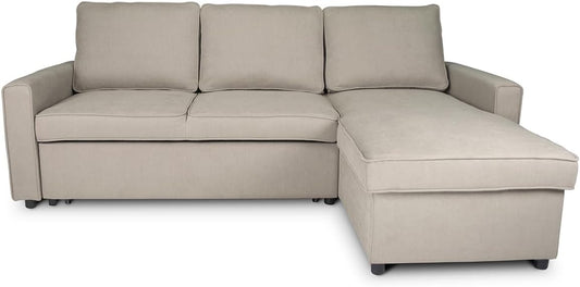 Divano letto SAMIRA, 198 × 132 cm, velluto, tessuto, Tortora, trasformabile, con contenitore, per soggiorno