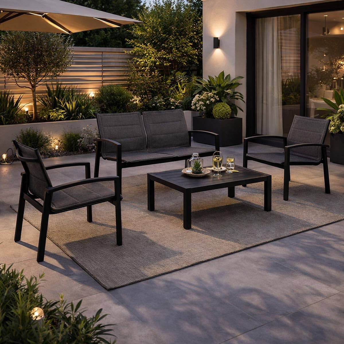 Set da pranzo da giardino Yellowshop, 4 posti, 90 × 63 × 35 cm, alluminio, textilene, Bianco e antracite, regolabile, per giardino e terrazzo