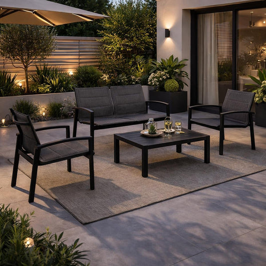 Set da pranzo da giardino Yellowshop, 4 posti, 90 × 63 × 35 cm, alluminio, textilene, Bianco e antracite, regolabile, per giardino e terrazzo