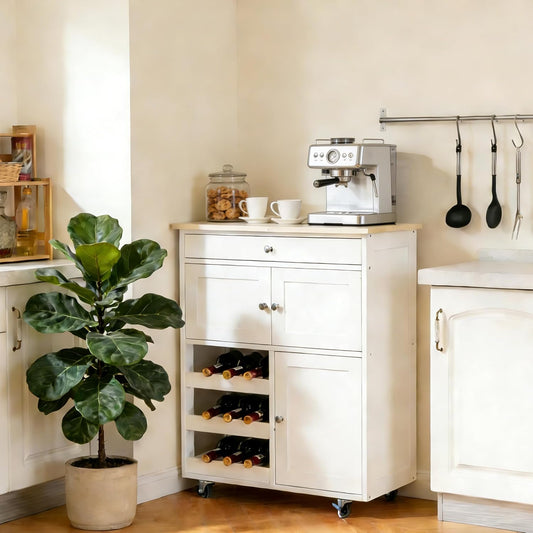 Carrello da cucina RELAX4LIFE, 3 ante, 67 × 37 × 85 cm, legno, Bianco, con ruote, per sala da pranzo e cucina