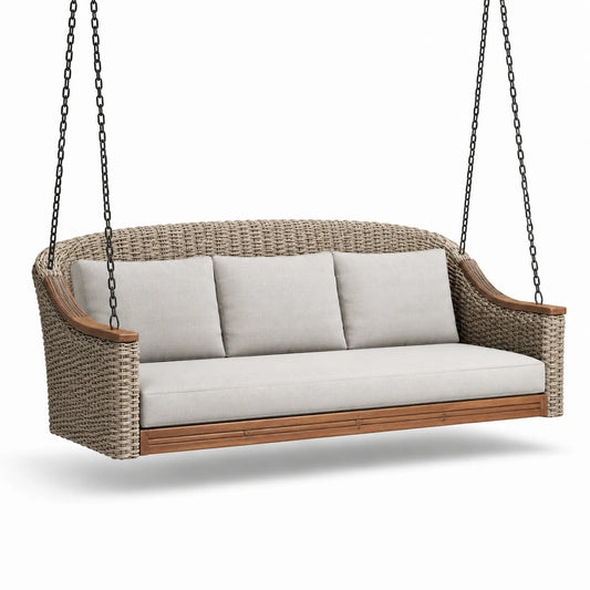 Dondolo da Veranda in Rattan Sintetico con Cuscini in Tessuto Grigio