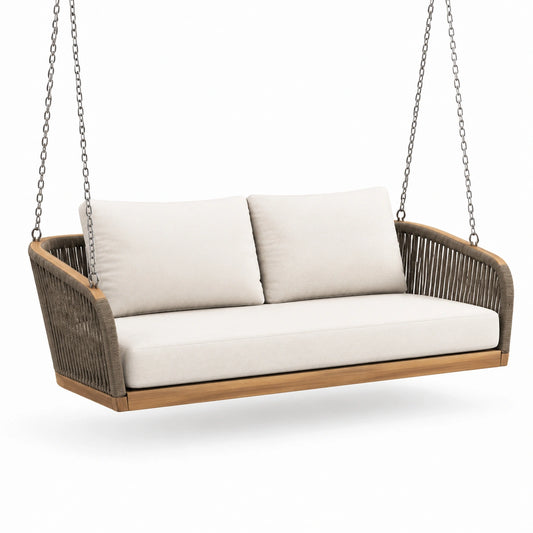Divano Altalena in Legno e Rattan Sintetico con Cuscini Beige
