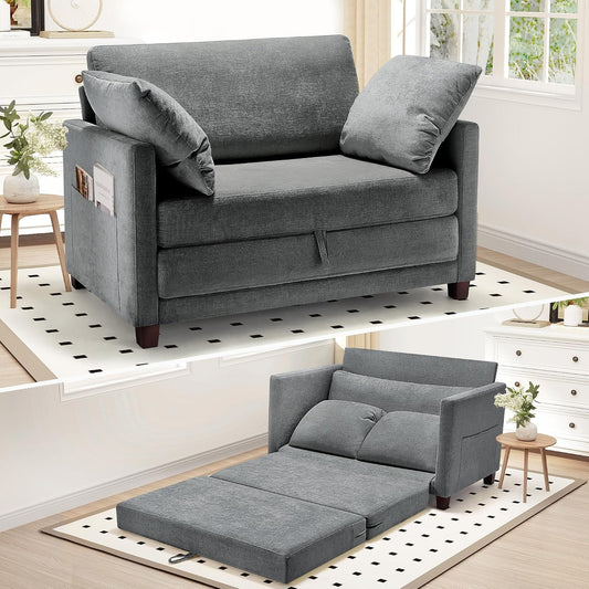 Divano letto Myroyalsit, 51 × 30 × 36 pollici, larghezza 51 pollici, ciniglia, tessuto, Grigio, trasformabile, con funzione letto, per soggiorno