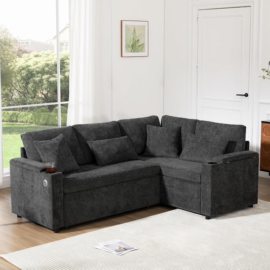 Divano angolare Rvjiahe, 206,5 × 141 × 86 cm, ciniglia, Grigio scuro, trasformabile, con braccioli, con porta USB, imbottito, per soggiorno