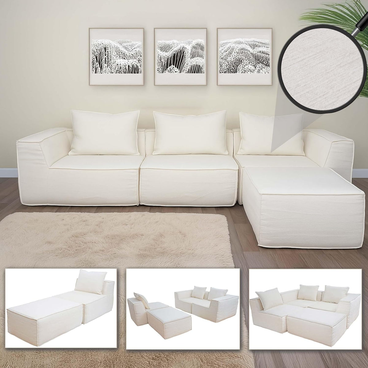 Divano Mendler HWC-O54, 63 × 270 × 190cm, tessuto, con braccioli, sfoderabile, per soggiorno