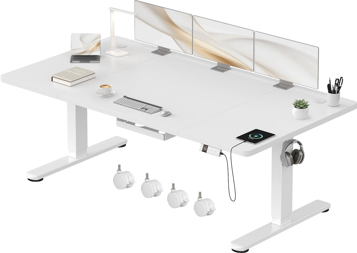 Scrivania Devoko, 180 × 80 cm, acciaio, Bianco, regolabile, con ruote, per ufficio