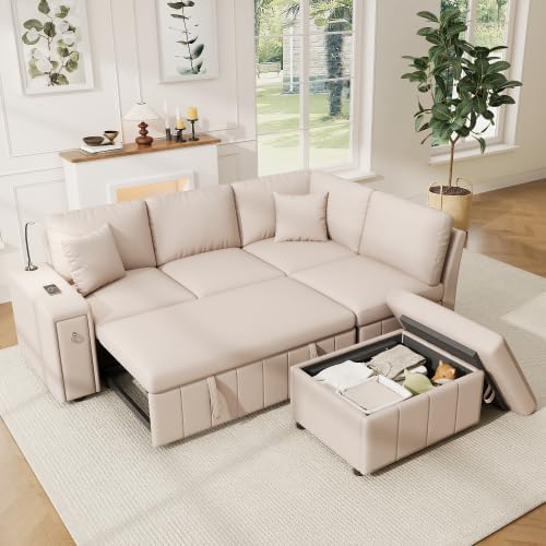 Divano letto Bladez, 5 posti, lino, Beige, pieghevole, con poggiapiedi, con braccioli, con porta USB, per soggiorno