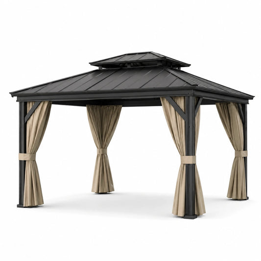 Gazebo da Giardino in Metallo con Tendaggi Beige 300x400 cm