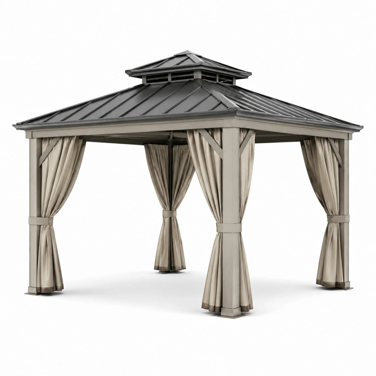 Gazebo in alluminio con tetto in acciaio e tende in poliestere