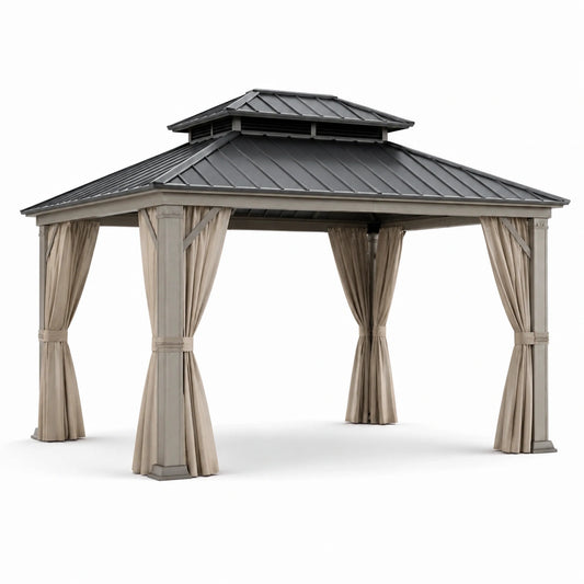Gazebo in Metallo 3x3m con Tetto in Acciaio e Tende in Poliestere