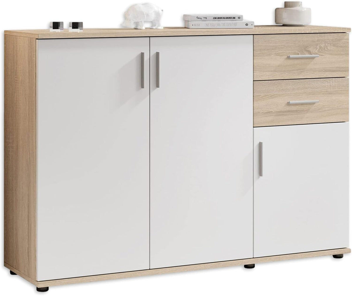 Cassettiera Stella Trading, 120 × 82 × 35 cm, legno, alluminio, Bianco e rovere