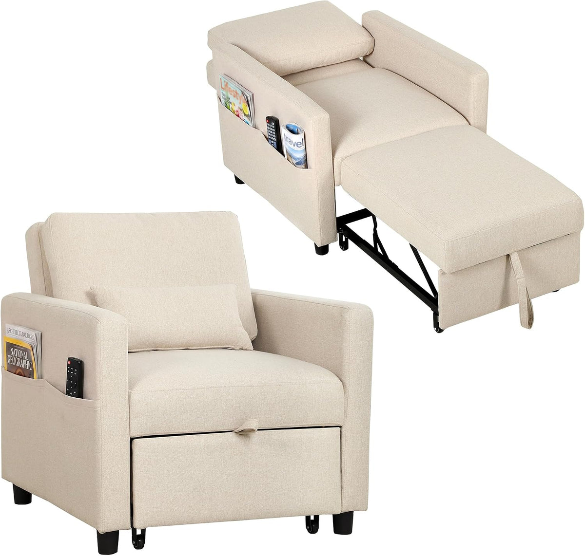 Poltrona letto HOMCOM, singolo, 3 in 1, 78 × 94,5 × 83cm, misura 78 × 94, legno, lino, Crema, trasformabile, con funzione letto, regolabile