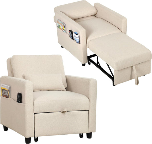 Poltrona letto HOMCOM, singolo, 3 in 1, 78 × 94,5 × 83cm, misura 78 × 94, legno, lino, Crema, trasformabile, con funzione letto, regolabile