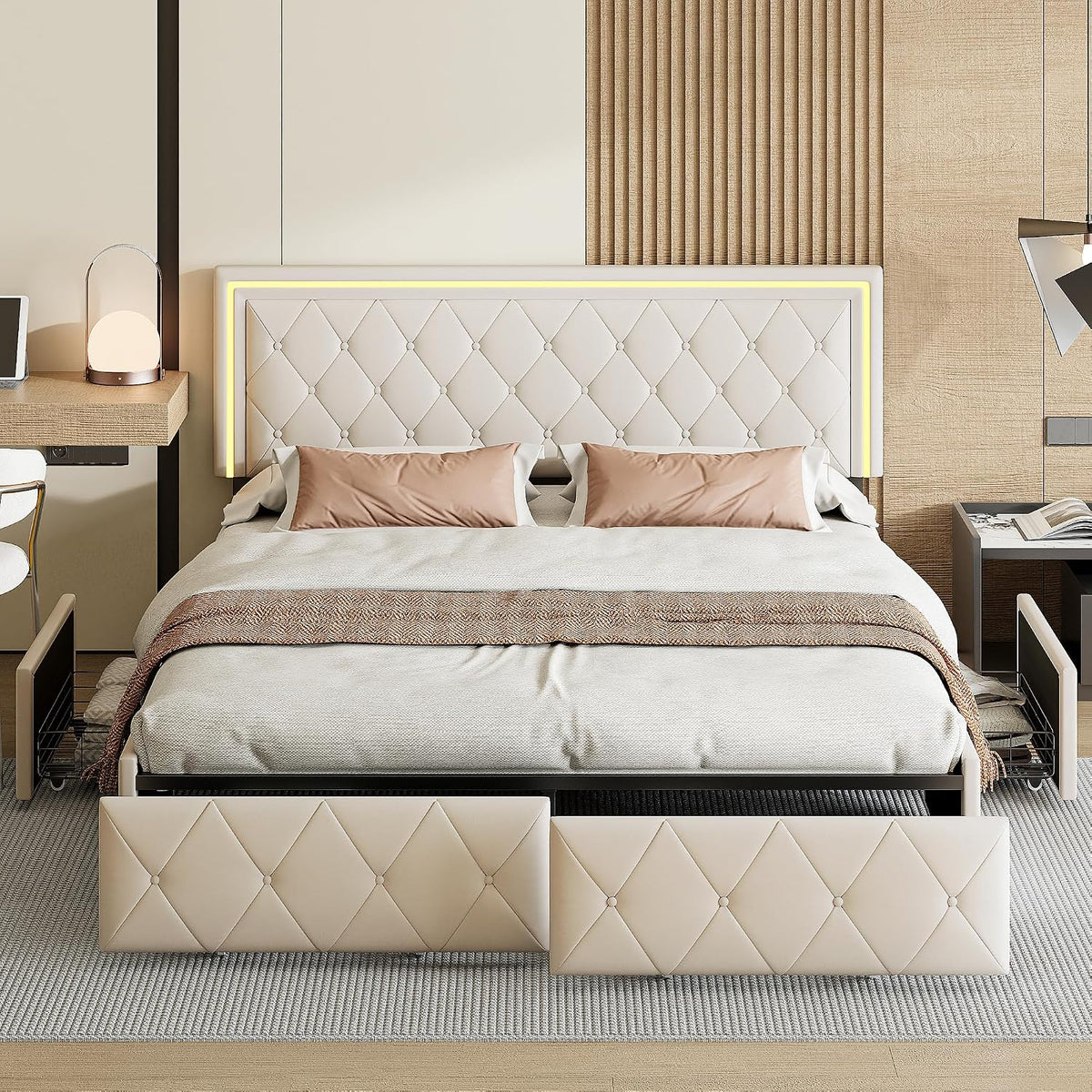 Letto contenitore BRILVERDE, 4 cassetti, matrimoniale, 160 × 200 cm, legno, metallo, Beige, con contenitore, regolabile, con rete a doghe, imbottito