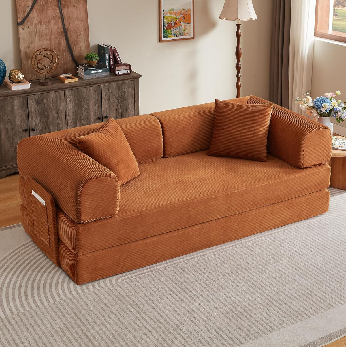 Divano letto Kuczn, tessuto, pieghevole, imbottito, per soggiorno, senza montaggio, design con seduta profonda