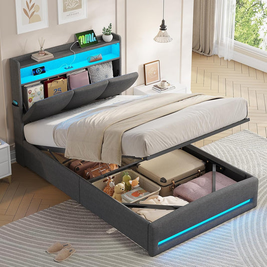 Letto contenitore AOGLLATI, singolo, 90 × 200 cm, Grigio scuro, regolabile, con illuminazione LED, con porta USB, imbottito, per camera da letto