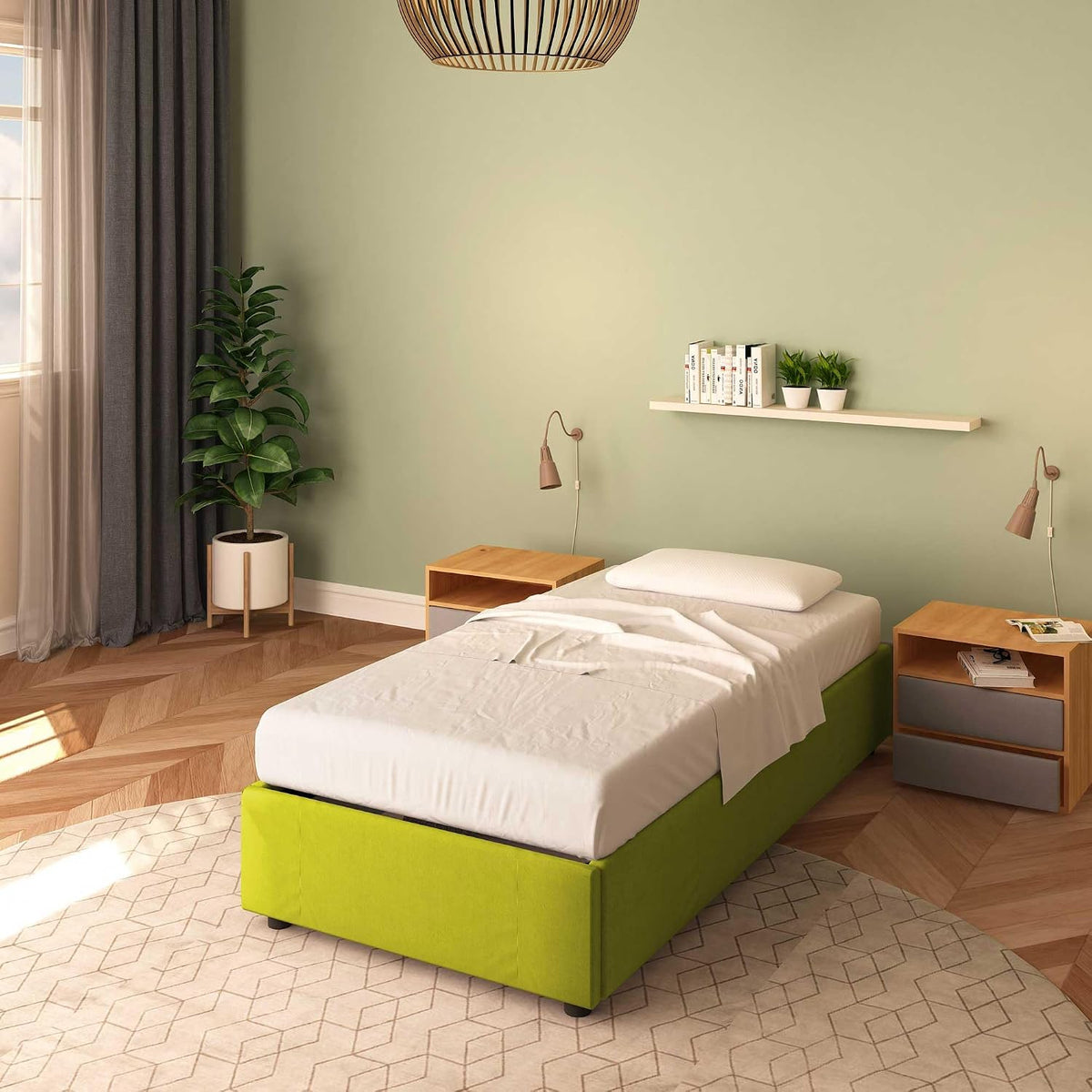 Letto contenitore Baldiflex, singolo, 80 × 190 cm, tessuto, Verde, con contenitore, con rete a doghe, sfoderabile, imbottito, per camera da letto