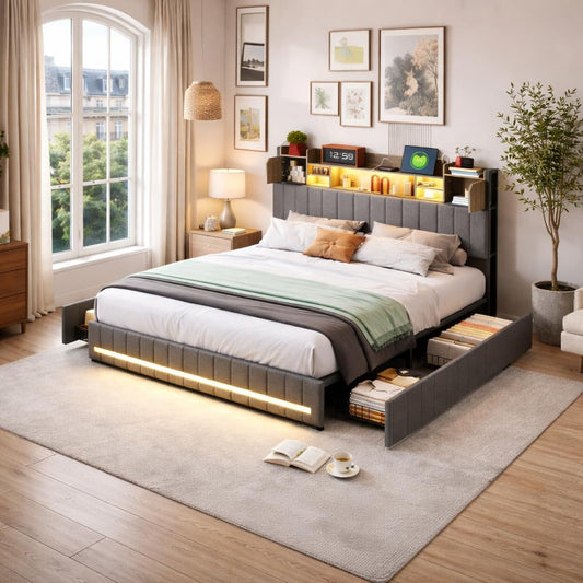 Letto CDQL, 4 cassetti, matrimoniale, 140 × 200 cm, lino, Grigio, con poggiapiedi, con rete a doghe, con illuminazione LED, con porta USB, imbottito