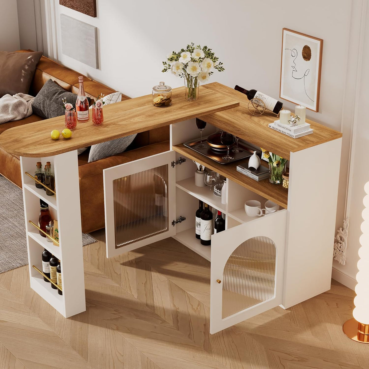 Tavolo da bar Rtopsu, 193 × 39 × 105 cm, Bianco, con contenitore, regolabile, allungabile, pieghevole, con illuminazione LED