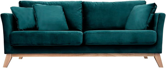 Divano Miliboo, 3 posti, 180 × 82 × 80 cm, legno, velluto, Blu petrolio, sfoderabile, per soggiorno