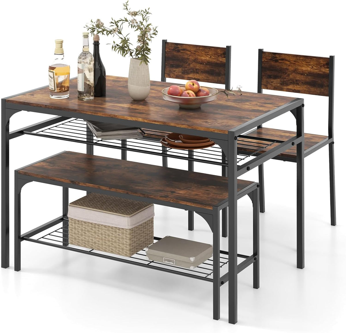 Set tavolo e panche GIANTEX, 4 pezzi, 2 sedie, 110 × 65 × 76 cm, metallo, Marrone, per sala da pranzo e cucina