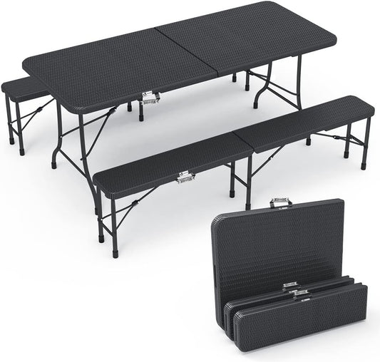 Set tavolo e panche VOUNOT, 180 × 75 × 72cm, rattan, Nero, pieghevole, per giardino e terrazzo